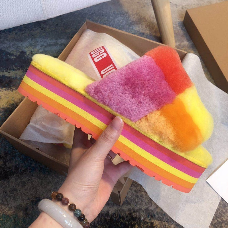 Yellow Color-Block Fluffy Platform Sandals — New Arrival | In Stock