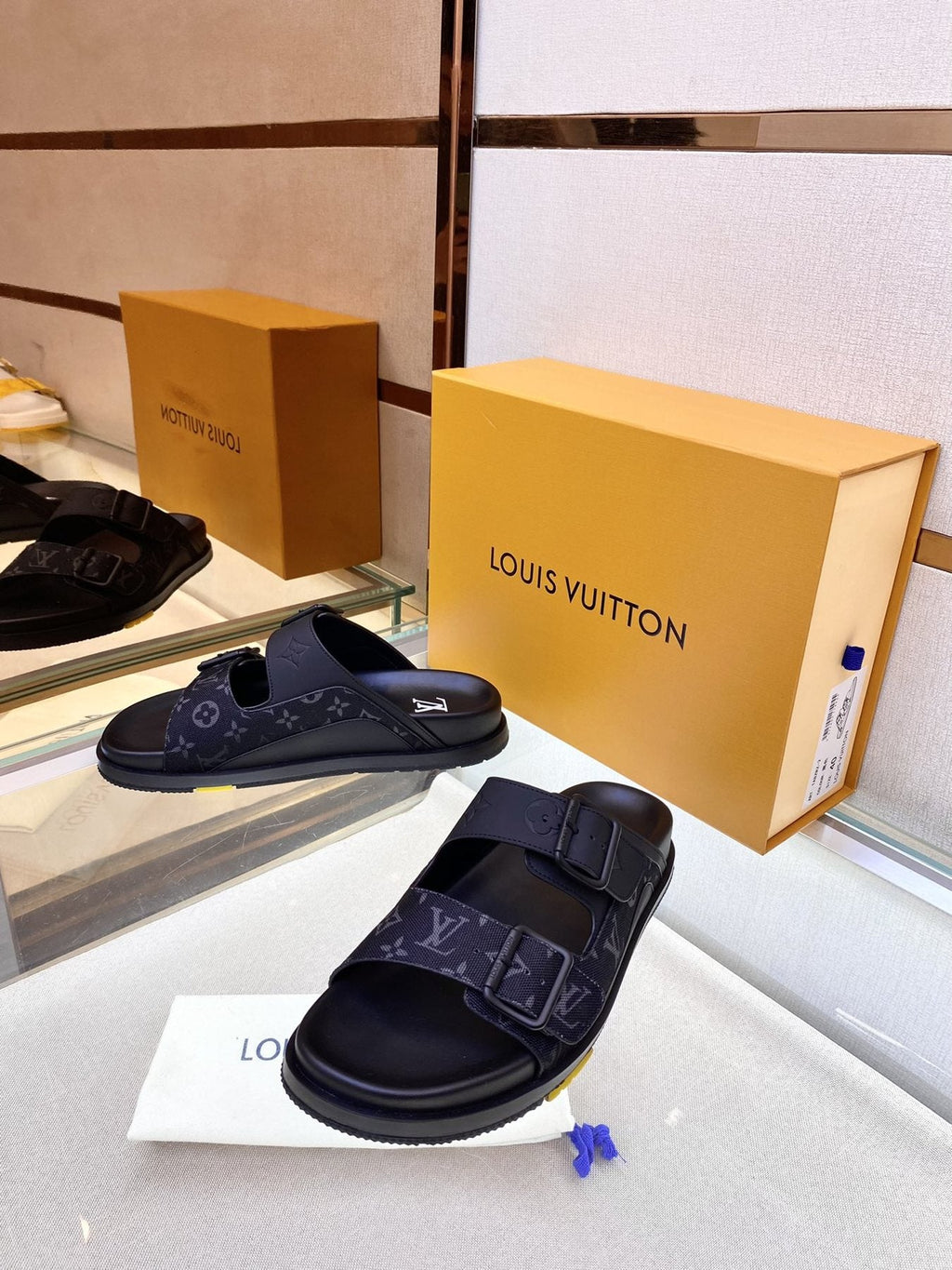Louis Vuitton Monogram Buckle Slide Sandals - Fine-Textured Rubber Outsole