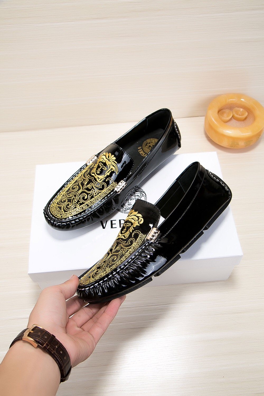 Versace Black Loafers with Gold Embroidery